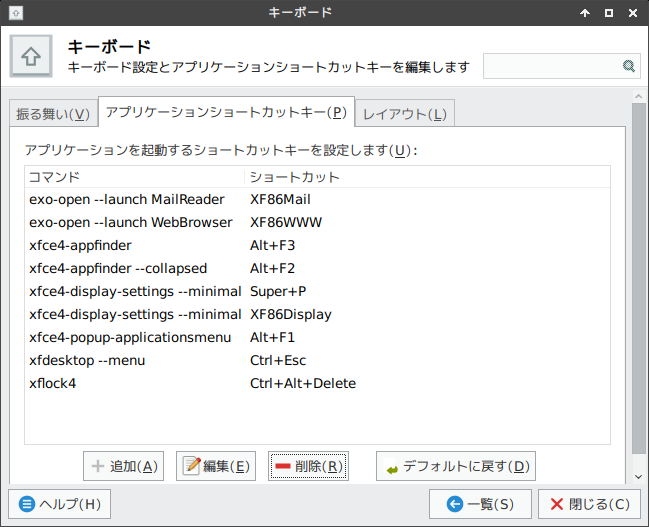 「XFCE 共通事項」-「キーボード」「アプリケーションショートカットキー」タブ「デフォルト」