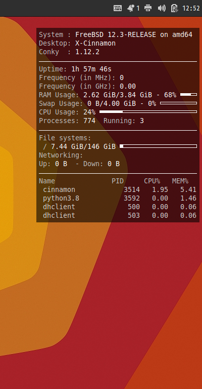クリックでオリジナルのサイズで開きます 「Cinnamon FreeBSD 12.3」-「Conky」「表示」