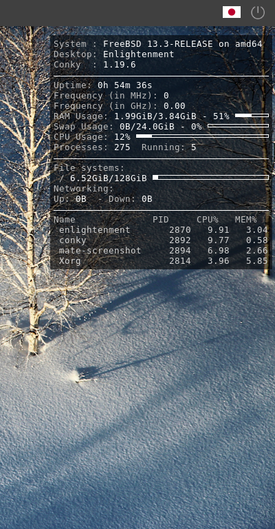 「Enlightenment FreeBSD 13.3」-「Conky」「表示」
