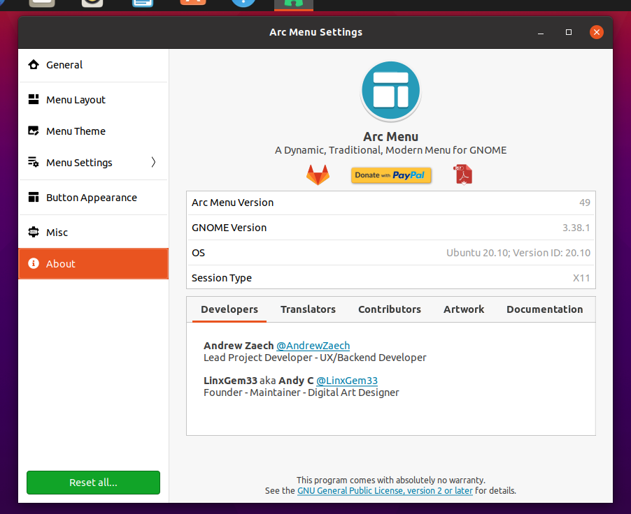 「GNOME」-「Arc Menu」「バージョン情報」