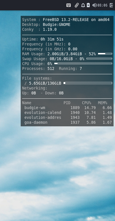 「BUDGIE FreeBSD 13.2」-「Conky」「表示」