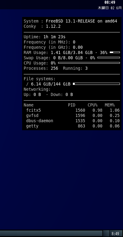 クリックでオリジナルのサイズで開きます 「Fluxbox FreeBSD 13.1」-「Conky」「表示」