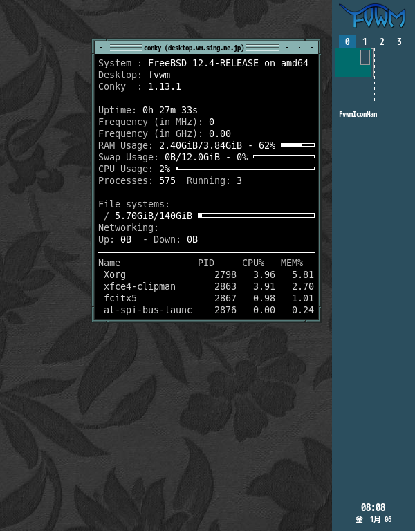クリックでオリジナルのサイズで開きます 「fvwm FreeBSD 12.4」-「Conky」「表示」