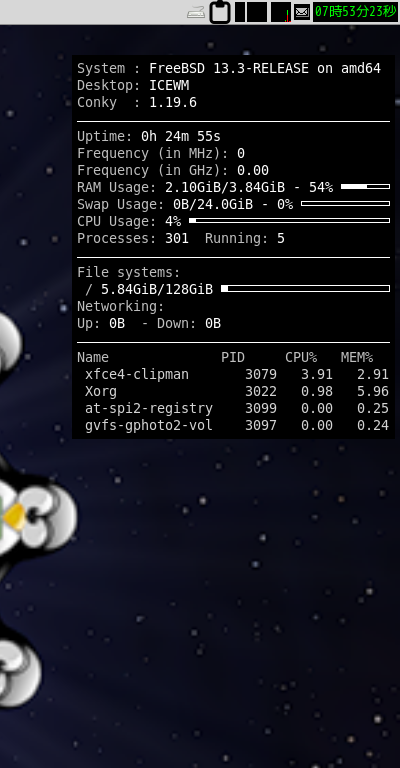 クリックでオリジナルのサイズで開きます 「IceWM FreeBSD 13.3」-「Conky」「表示」