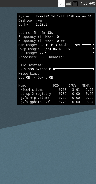 クリックでオリジナルのサイズで開きます 「JWM FreeBSD 14.1」-「Conky」「表示」