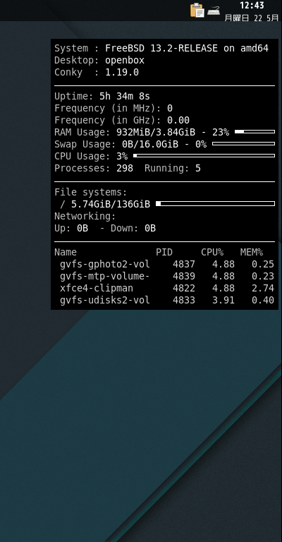 クリックでオリジナルのサイズで開きます 「Openbox FreeBSD 13.2」-「Conky」「表示」