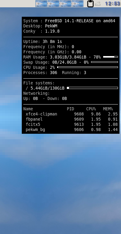 クリックでオリジナルのサイズで開きます 「PekWM FreeBSD 14.1」-「Conky」「表示」