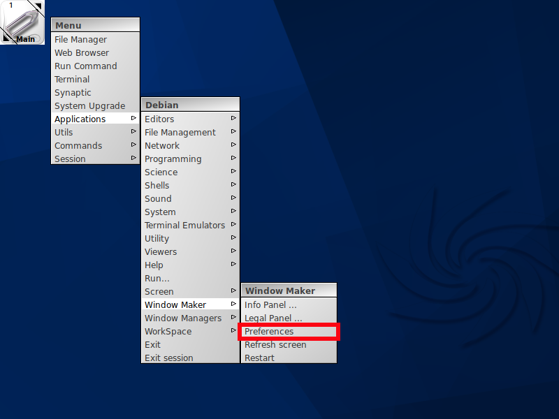 「Window Maker SparkyLinux 6.6」-「右クリック」→「Applications」→「Window Maker」→「Preferences」