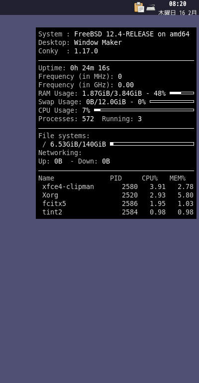 クリックでオリジナルのサイズで開きます 「Window Maker FreeBSD 12.4」-「Conky」「表示」