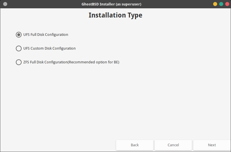 「GhostBSD 19.09 インストール」- インストーラ - パーティション選択