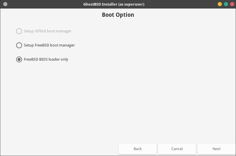「GhostBSD 19.09 インストール」-「Boot Option」