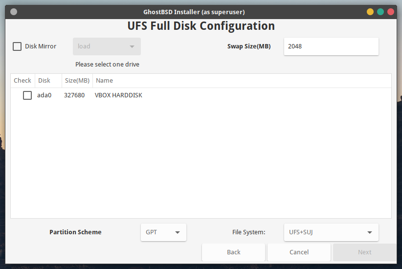 「GhostBSD 20.01」-「インストール」「Use Full Disk Configration」