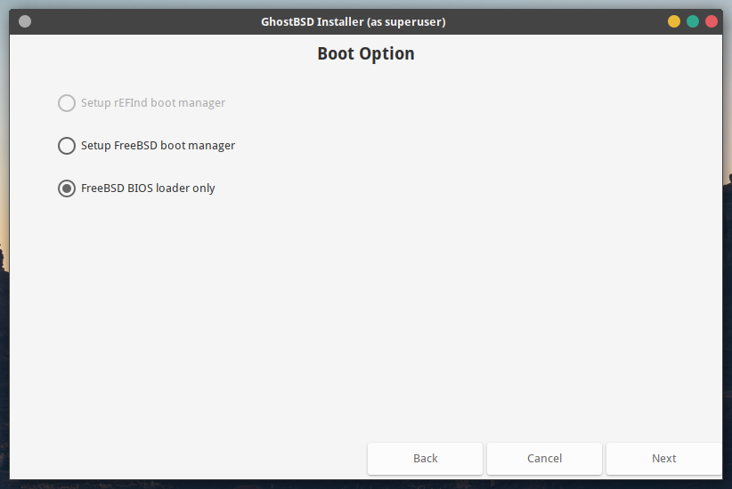 「GhostBSD 20.01」-「インストール」「Boot Option」