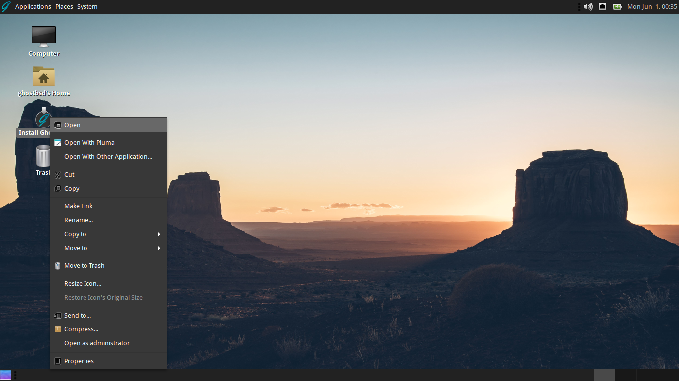 「GhostBSD 20.04 インストール」-インストール開始時のデスクトップ」