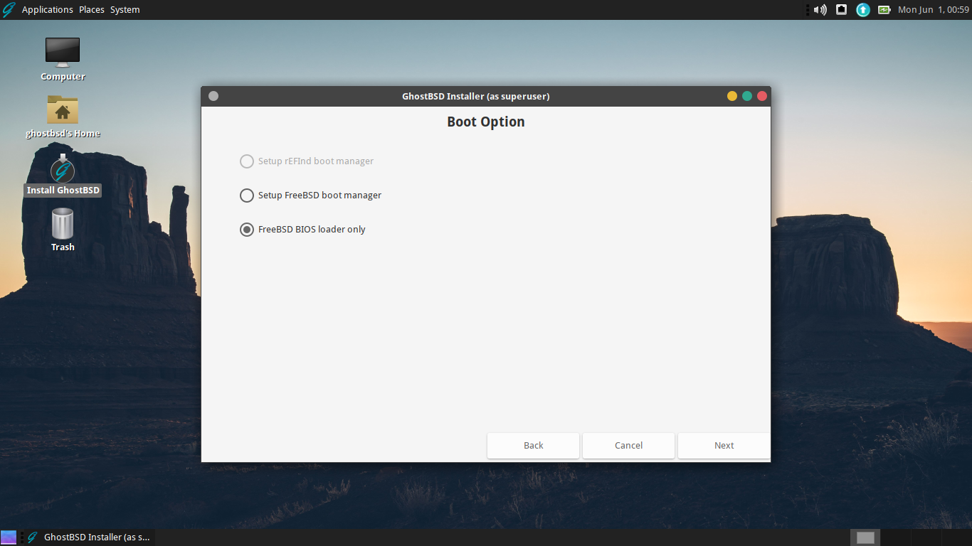 「GhostBSD 20.04」-「インストール」「Boot Option」