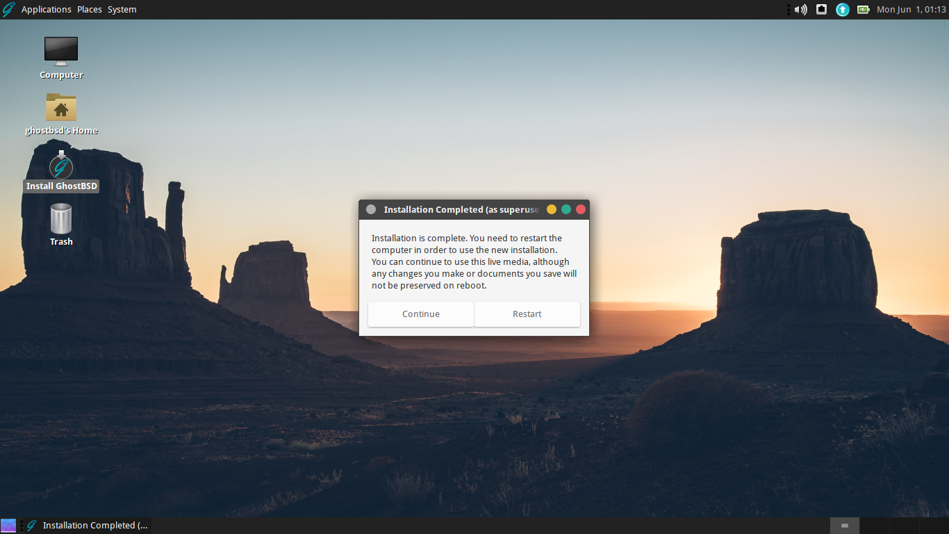 「GhostBSD 20.04」-「インストール」「完了」