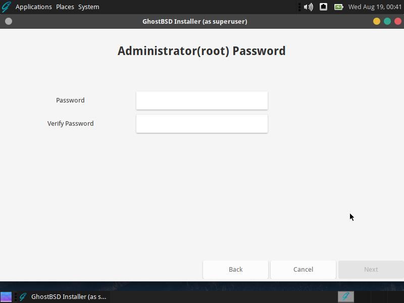 「GhostBSD 20.08.04」-「インストール」「root パスワード設定」