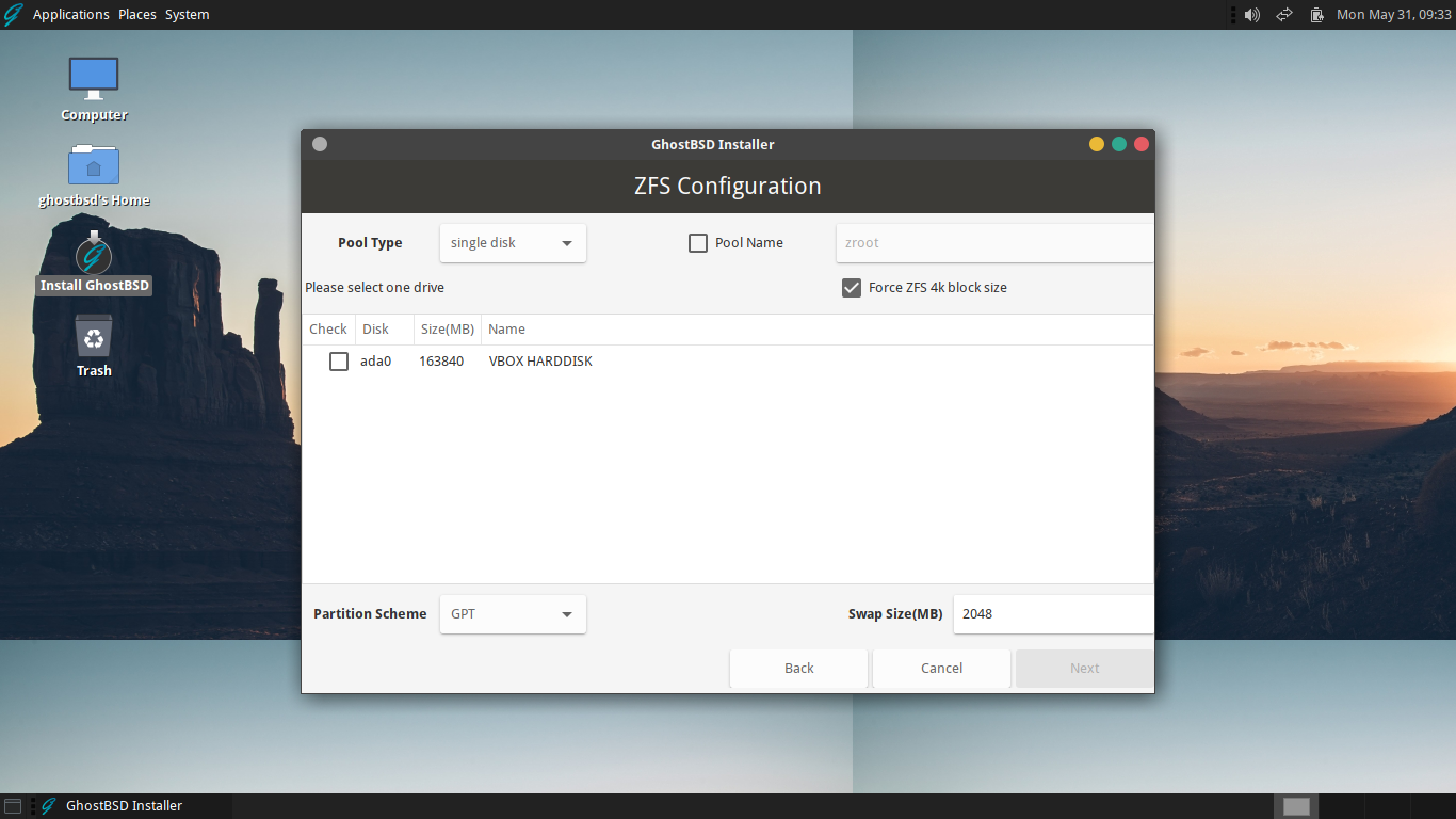 「GhostBSD 21.05.11」-「インストール」「ZFS Configuration」