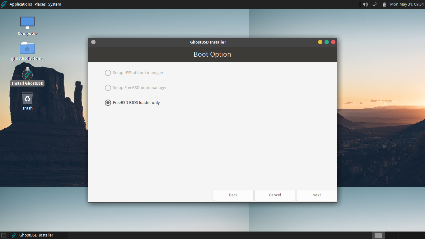 「GhostBSD 21.05.11」-「インストール」「Boot Option」