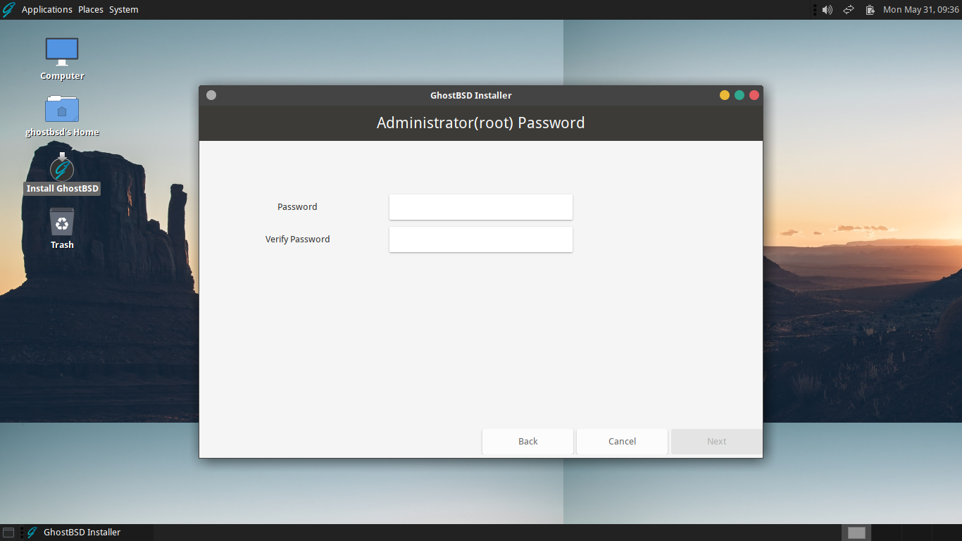 「GhostBSD 21.05.11」-「インストール」「root パスワード」