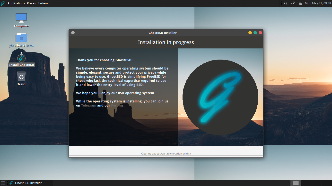 「GhostBSD 21.05.11」-「インストール」「進行中」