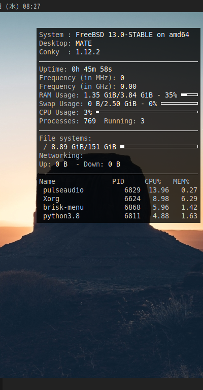 クリックでオリジナルのサイズで開きます 「GhostBSD 21.05.11 MATE」-「Conky」「表示」