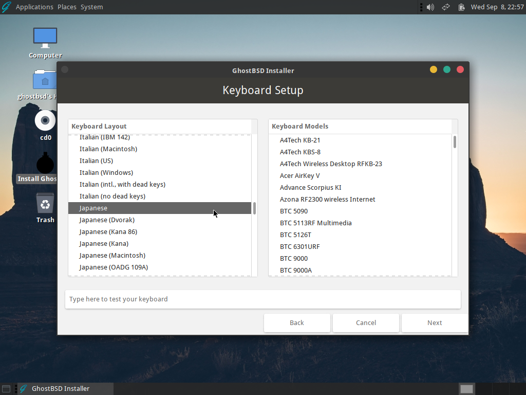 「GhostBSD 21.09.06」-「インストール」「キーボード」