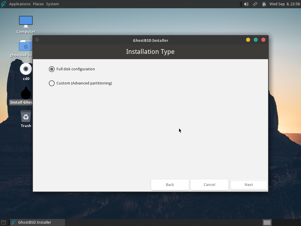 「GhostBSD 21.09.06」-「インストール」「インストールタイプ」