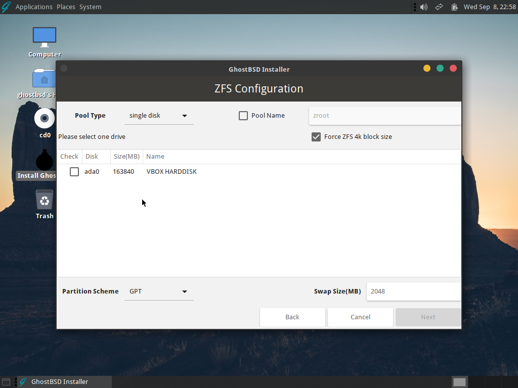「GhostBSD 21.09.06」-「インストール」「ZFS Configuration」