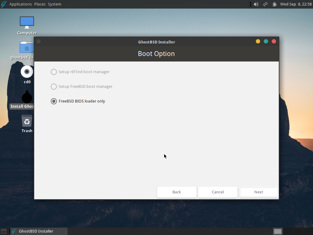 「GhostBSD 21.09.06」-「インストール」「Boot Option」