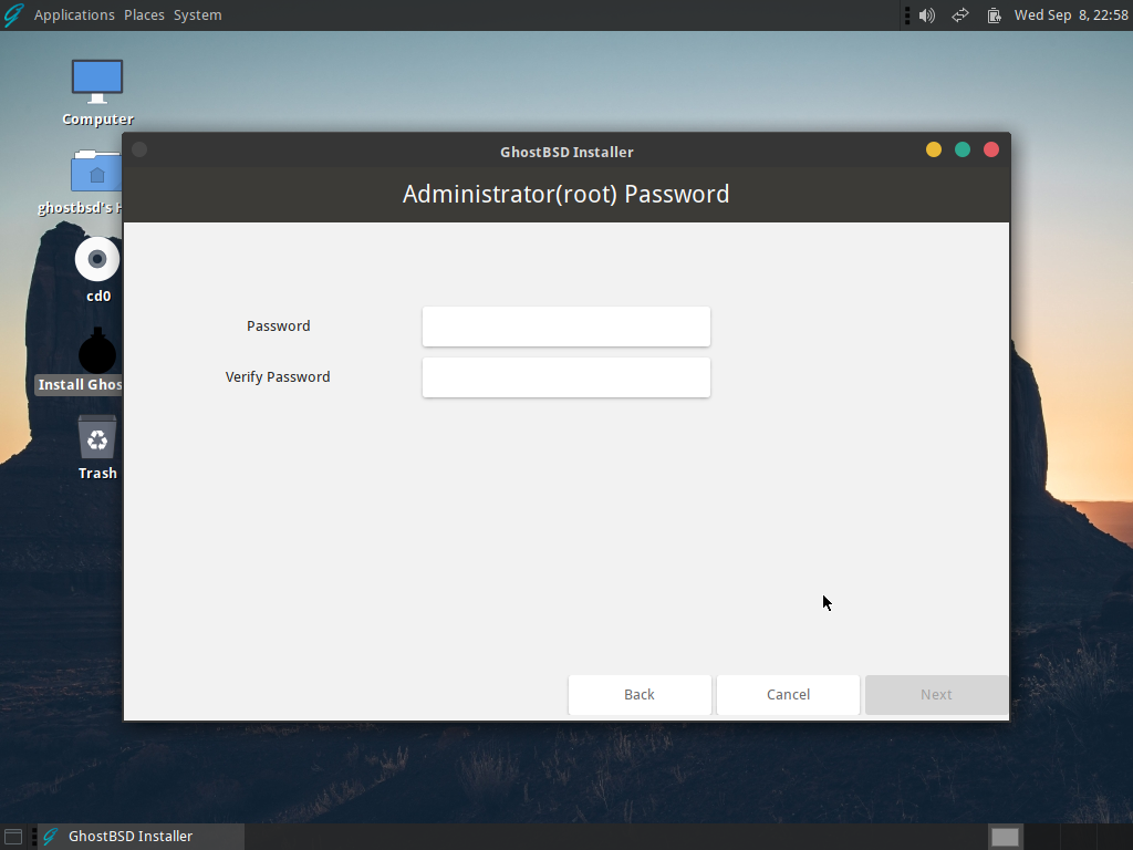 「GhostBSD 21.09.06」-「インストール」「root パスワード」