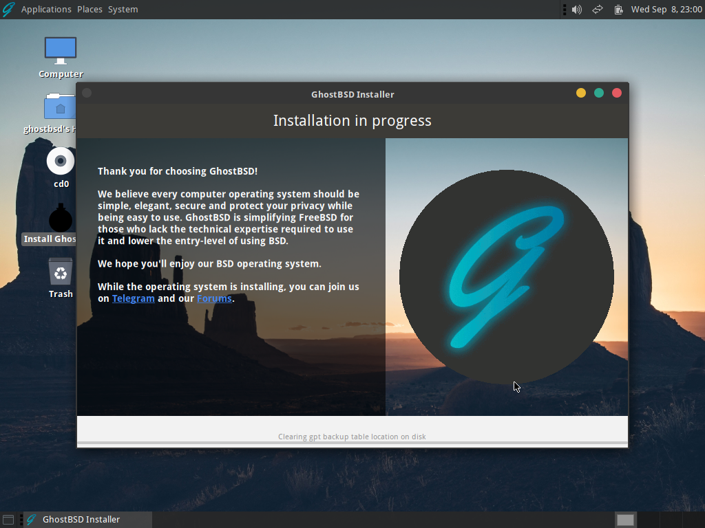 「GhostBSD 21.09.06」-「インストール」「進行中」