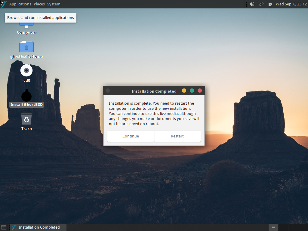 「GhostBSD 21.09.06」-「Installation Comleted」