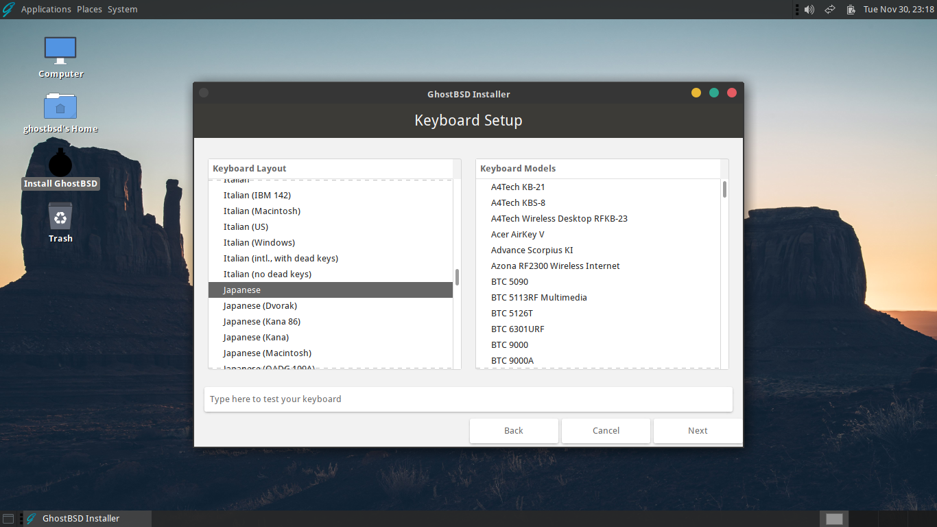「GhostBSD 21.11.24」-「インストール」「キーボード」