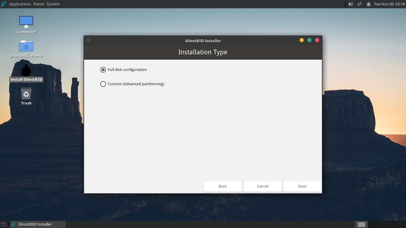 「GhostBSD 21.11.24」-「インストール」「インストールタイプ」