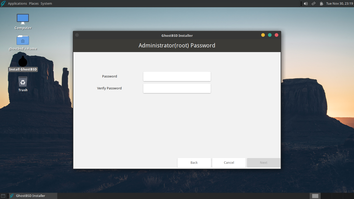 「GhostBSD 21.11.24」-「インストール」「root パスワード」