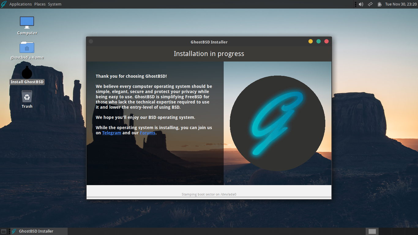 「GhostBSD 21.11.24」-「インストール」「進行中」