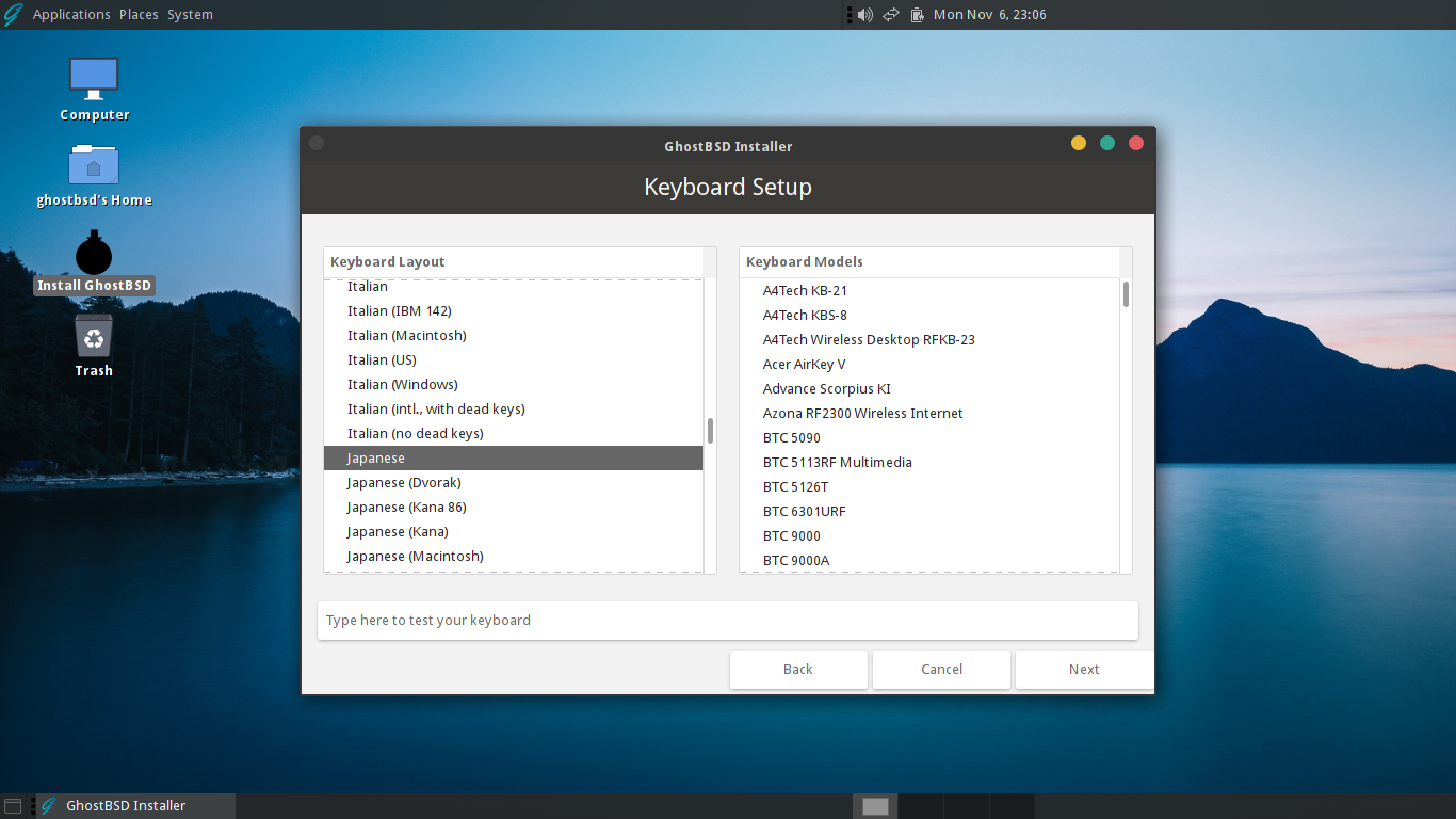 「GhostBSD 23.10.1」-「インストール」「キーボード」