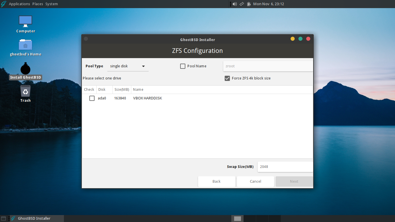 「GhostBSD 23.10.1」-「インストール」「ZFS Configuration」