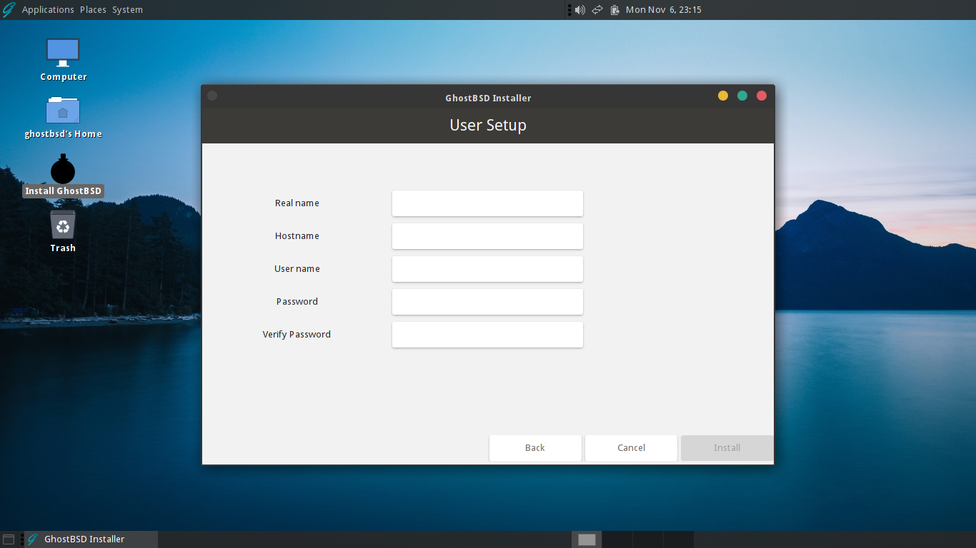 「GhostBSD 23.10.1」-「インストール」「ユーザ情報」