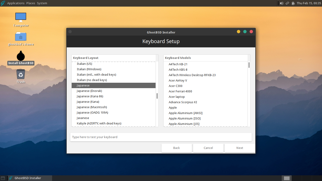 「GhostBSD 24.01.1」-「インストール」「キーボード」