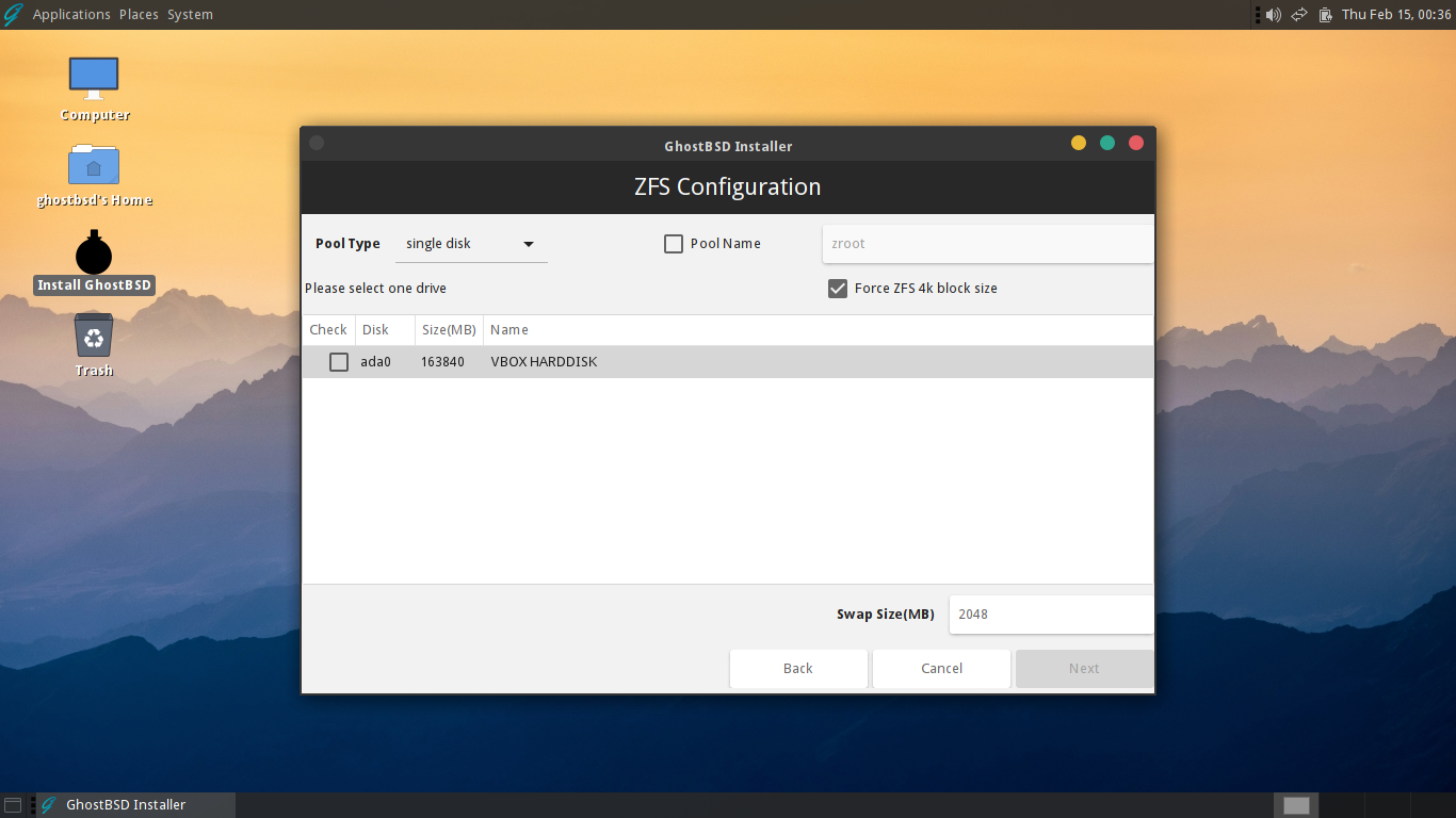 「GhostBSD 24.01.1」-「インストール」「ZFS Configuration」