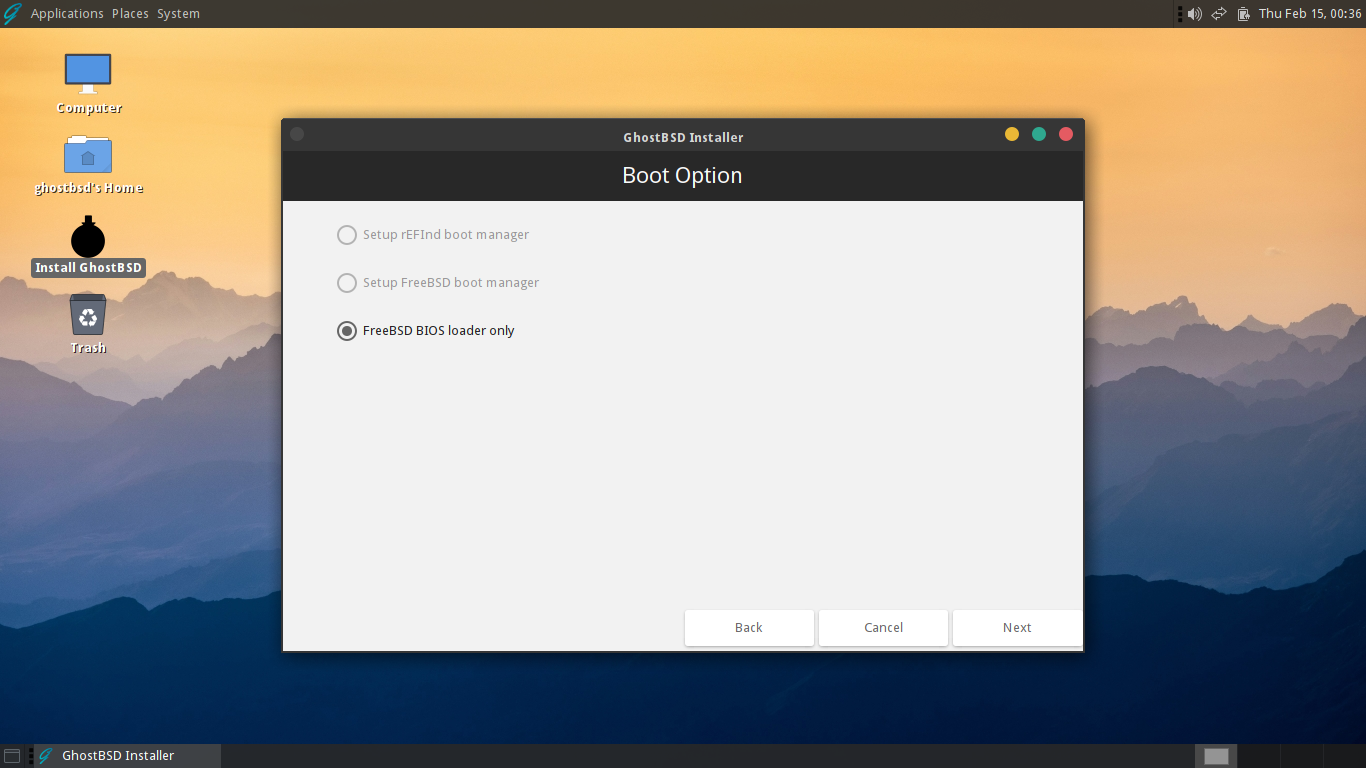 「GhostBSD 24.01.1」-「インストール」「Boot Option」