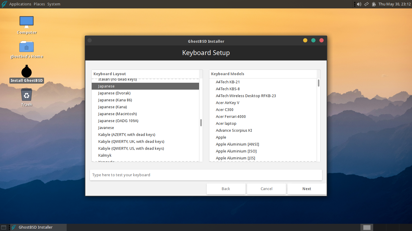 「GhostBSD 24.04.1」-「インストール」「キーボード」