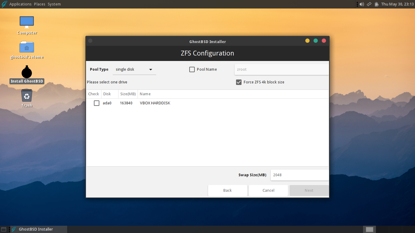 「GhostBSD 24.04.1」-「インストール」「ZFS Configuration」