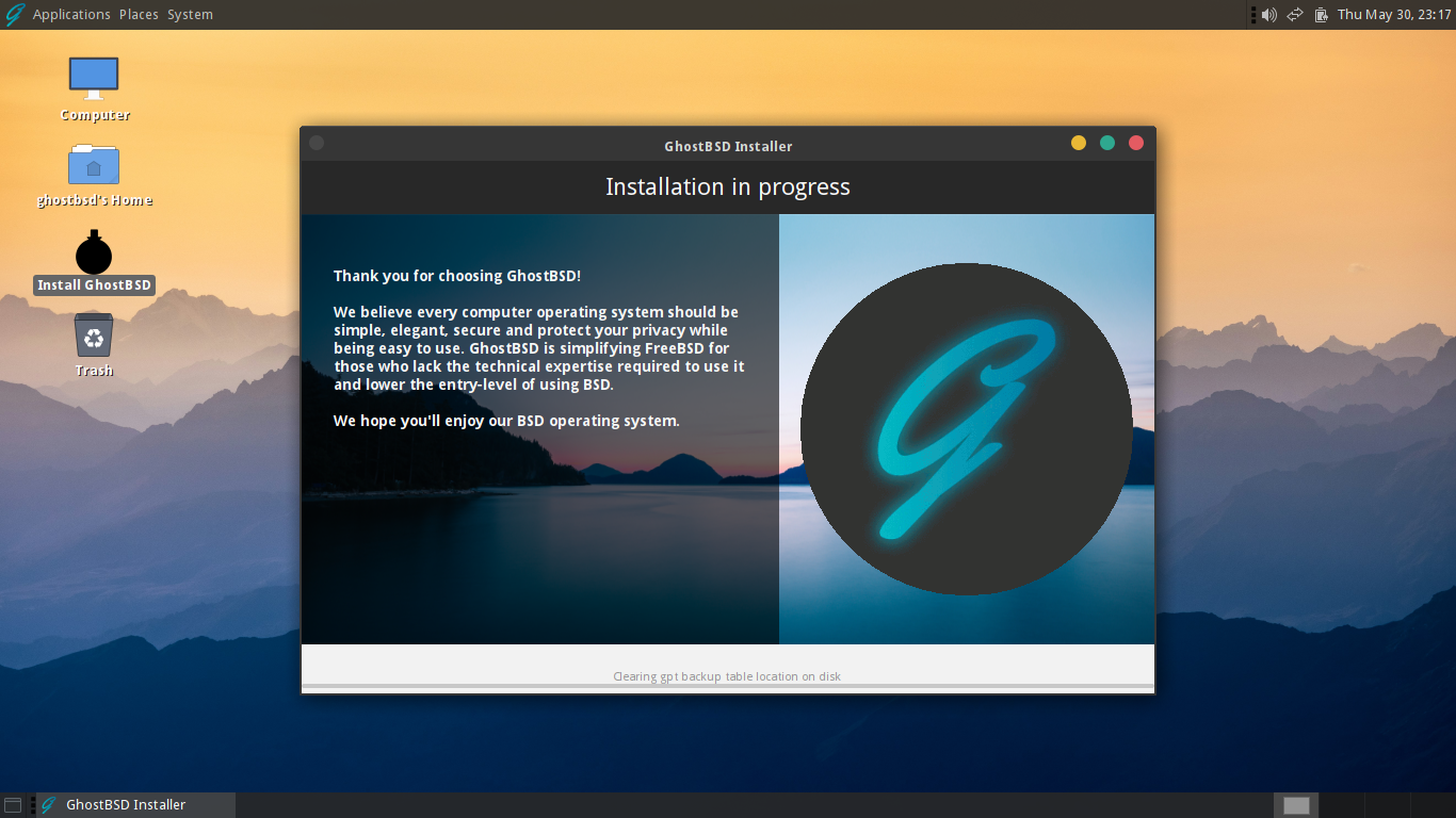 「GhostBSD 24.04.1」-「インストール」「進行中」
