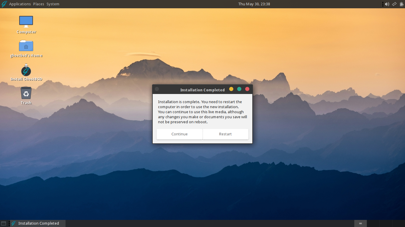 「GhostBSD 24.04.1」-「Installation Comleted」