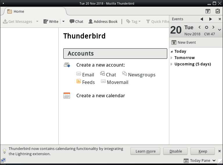 TrueOS - 18.03 - Thunderbird - 起動直後