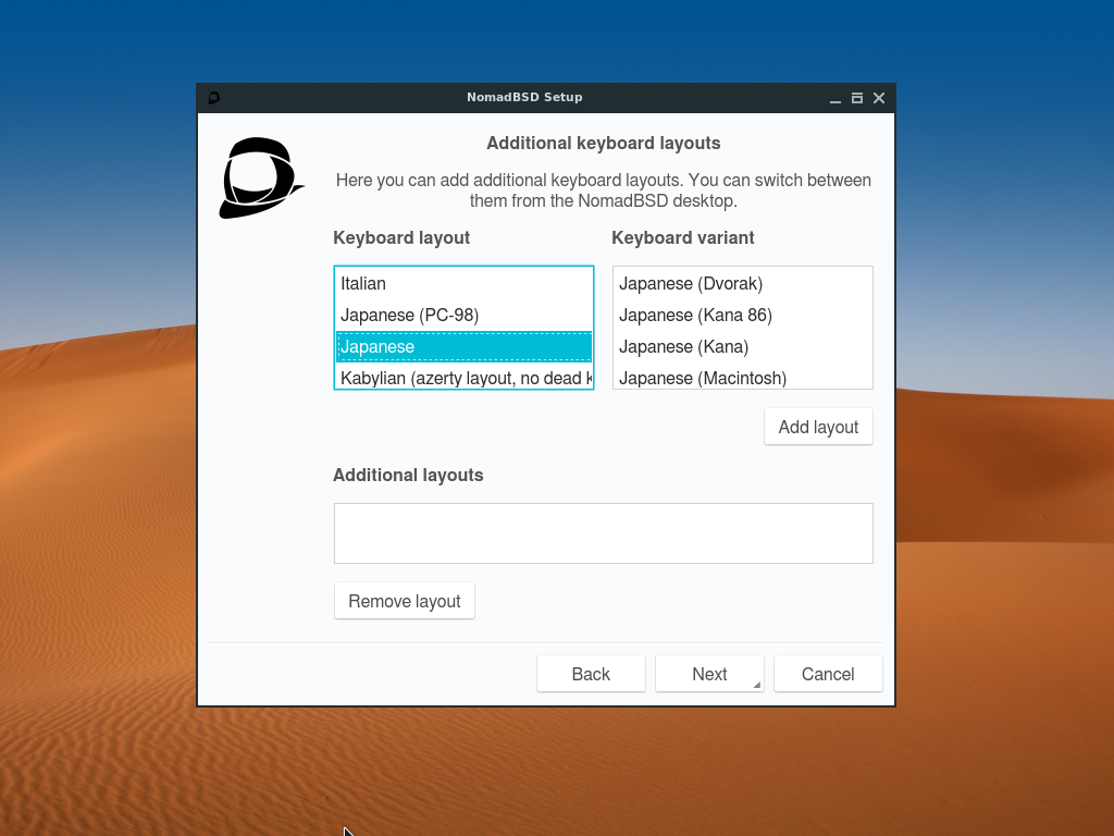 「NomadBSD 1.4」-「Additional keyboard layouts」