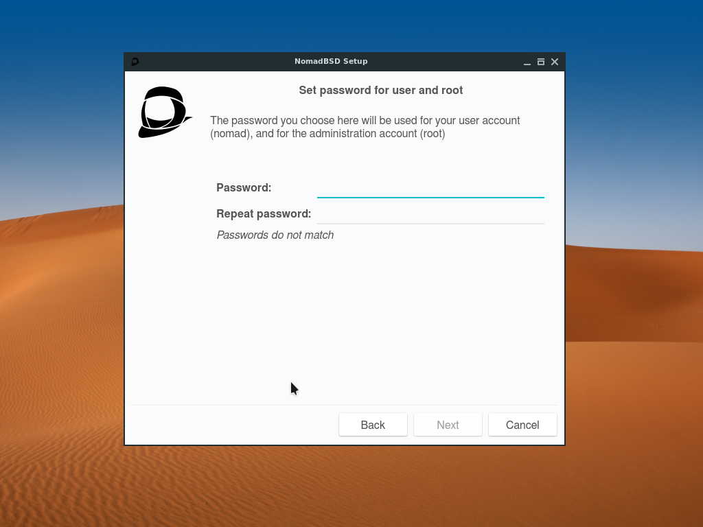 「NomadBSD 1.4」-「Set password for user and root」